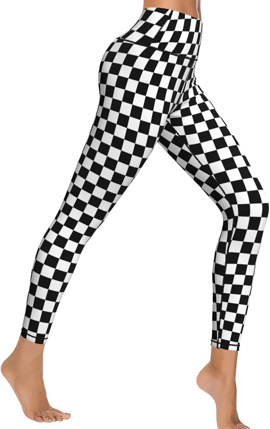 Women High Waisted Leggings Black White Race Checkered Flag Pattern Yoga Pants Tummy Control for Running Sports