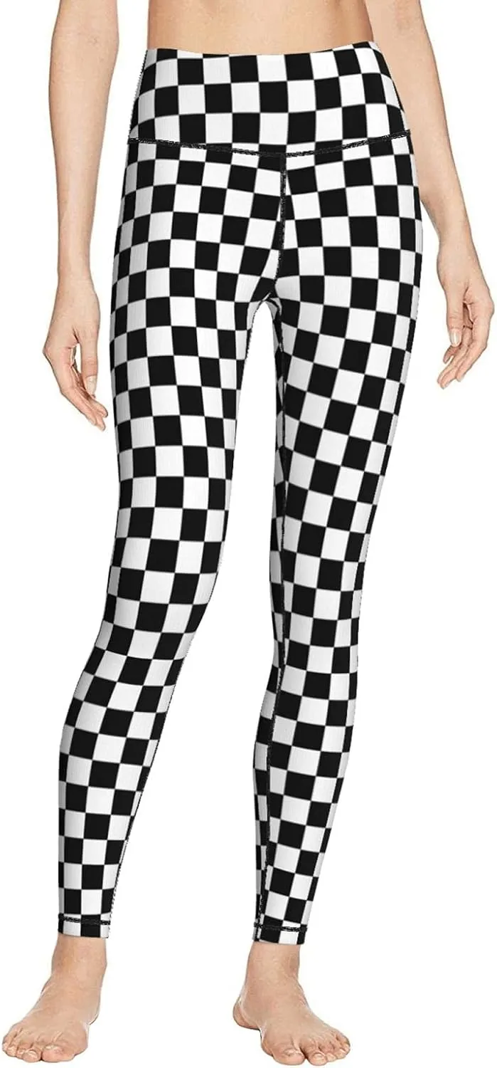 Women High Waisted Leggings Black White Race Checkered Flag Pattern Yoga Pants Tummy Control for Running Sports