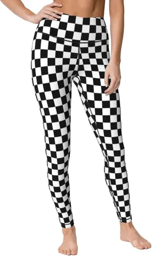 Women High Waisted Leggings Black White Race Checkered Flag Pattern Yoga Pants Tummy Control for Running Sports