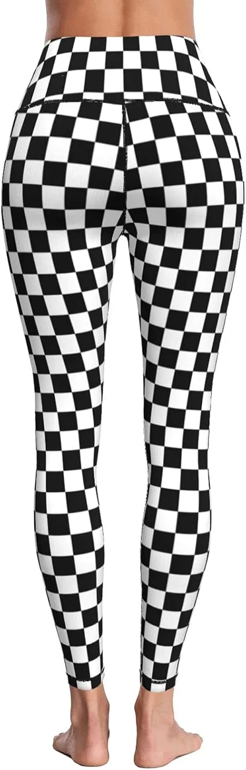 Women High Waisted Leggings Black White Race Checkered Flag Pattern Yoga Pants Tummy Control for Running Sports