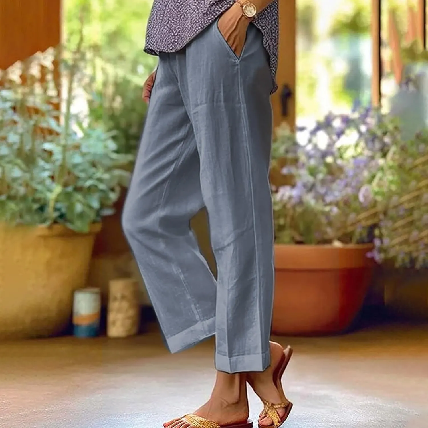 Women Summer Beach Pants Casual Elastic High Waist Wide Leg Pant Comfy Cotton Linen Plus Size Trousers with Pockets