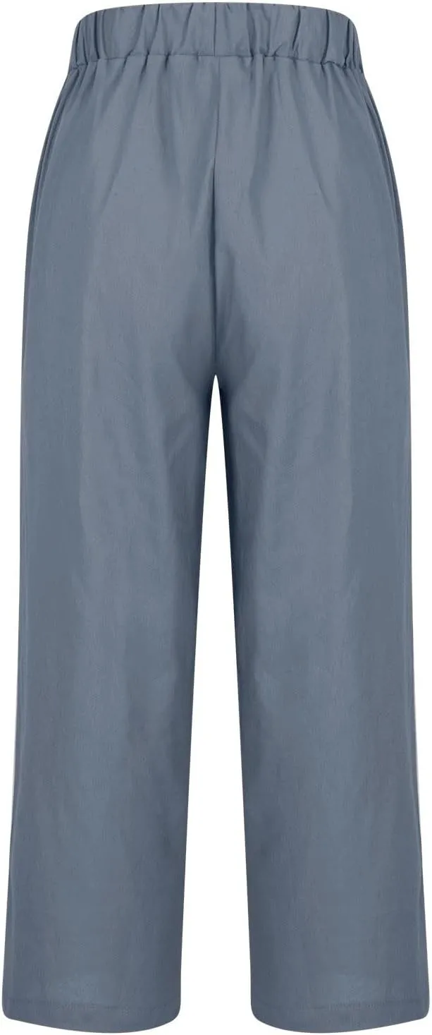 Women Summer Beach Pants Casual Elastic High Waist Wide Leg Pant Comfy Cotton Linen Plus Size Trousers with Pockets