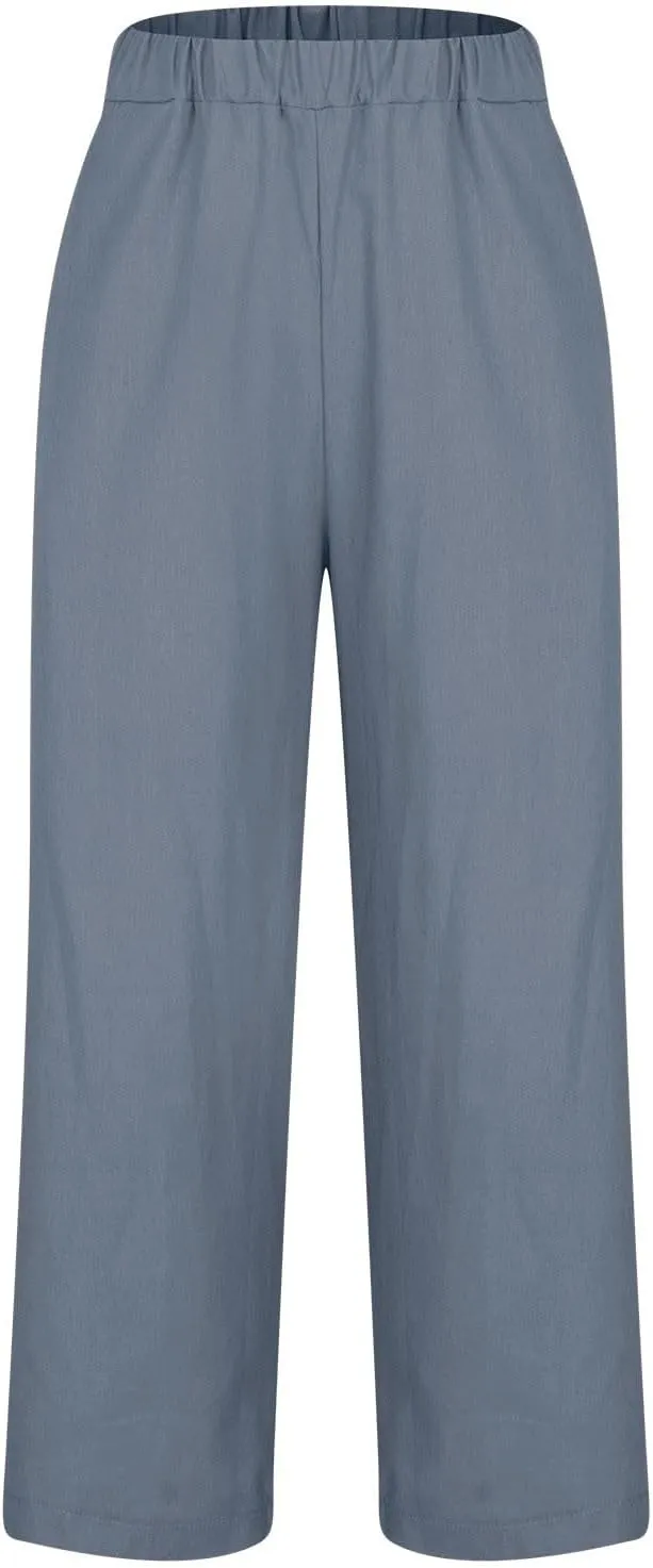 Women Summer Beach Pants Casual Elastic High Waist Wide Leg Pant Comfy Cotton Linen Plus Size Trousers with Pockets