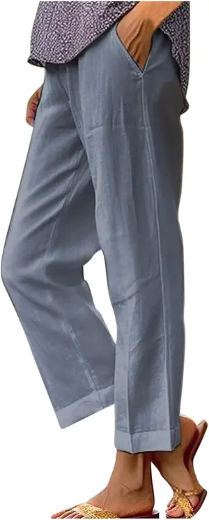 Women Summer Beach Pants Casual Elastic High Waist Wide Leg Pant Comfy Cotton Linen Plus Size Trousers with Pockets