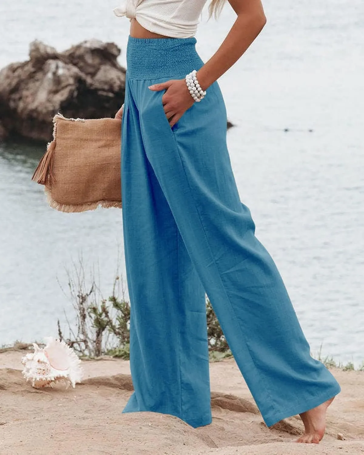 Women Summer High Waisted Cotton Linen Palazzo Pants Casual Boho Wide Leg 2025 Beach Lounge Trousers with Pocket