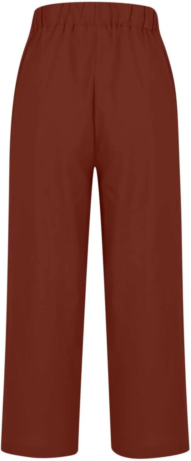 Women Summer Linen Pants Straight Leg Beach Vacation Comfy Beach Trousers Dressy Casual Palazzo Pant with Pockets