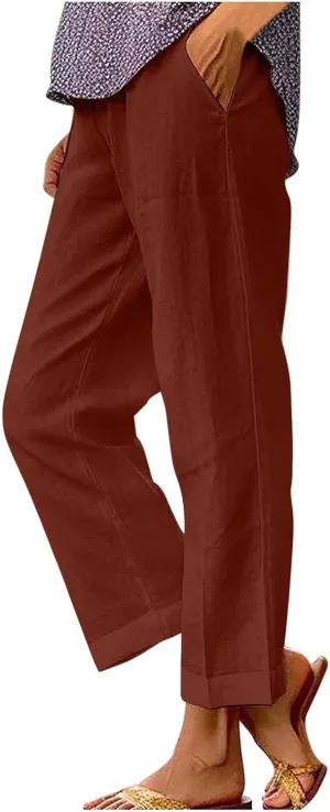 Women Summer Linen Pants Straight Leg Beach Vacation Comfy Beach Trousers Dressy Casual Palazzo Pant with Pockets