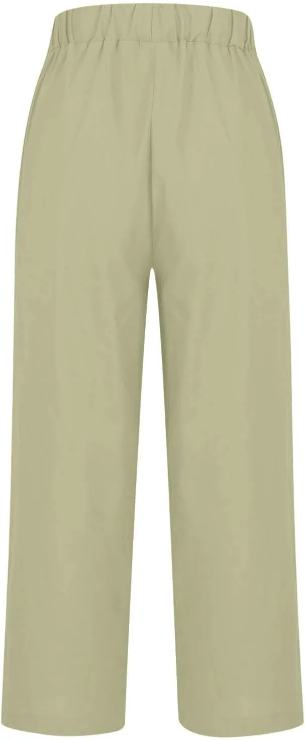 Women Summer Linen Pants Straight Leg Beach Vacation Comfy Beach Trousers Dressy Casual Palazzo Pant with Pockets
