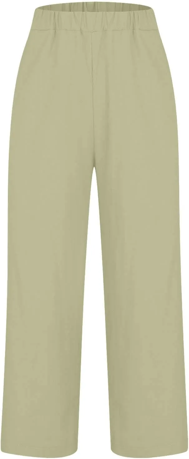 Women Summer Linen Pants Straight Leg Beach Vacation Comfy Beach Trousers Dressy Casual Palazzo Pant with Pockets