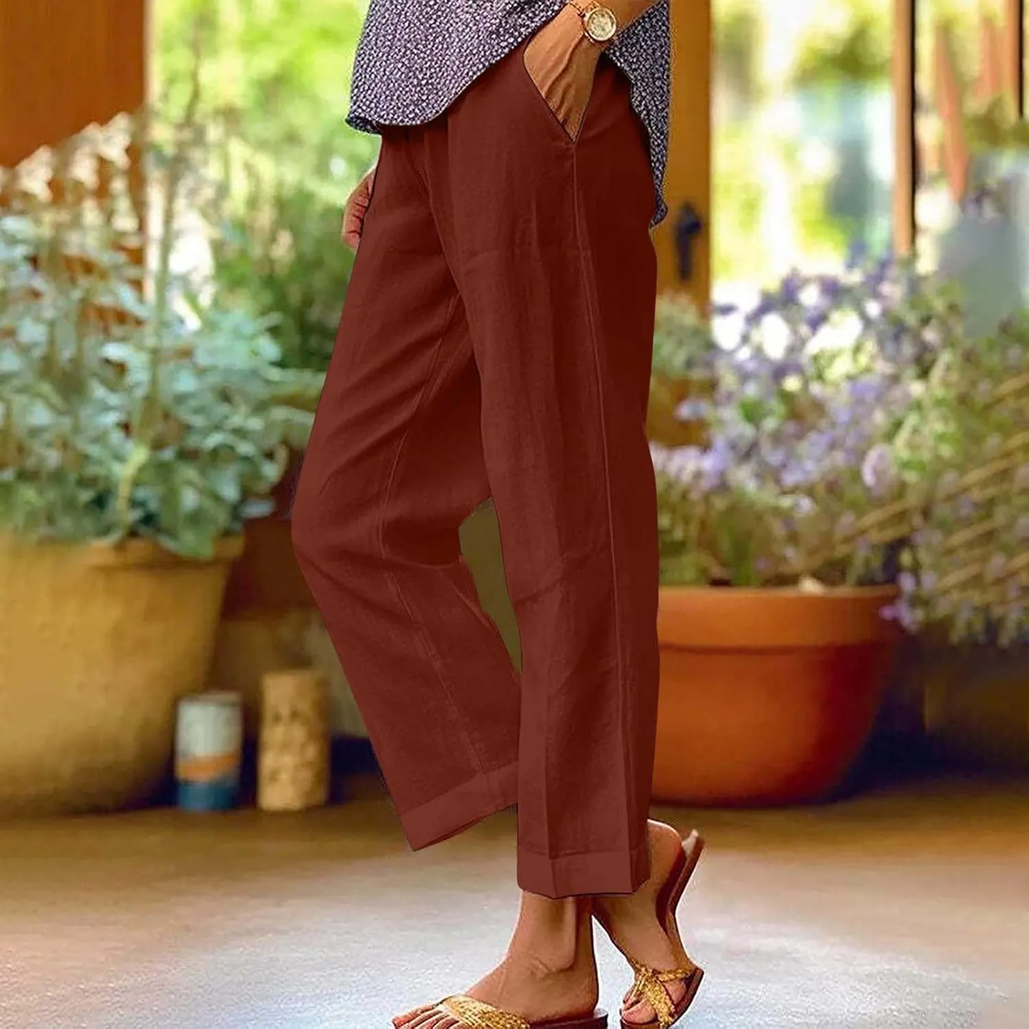 Women Summer Linen Pants Straight Leg Beach Vacation Comfy Beach Trousers Dressy Casual Palazzo Pant with Pockets
