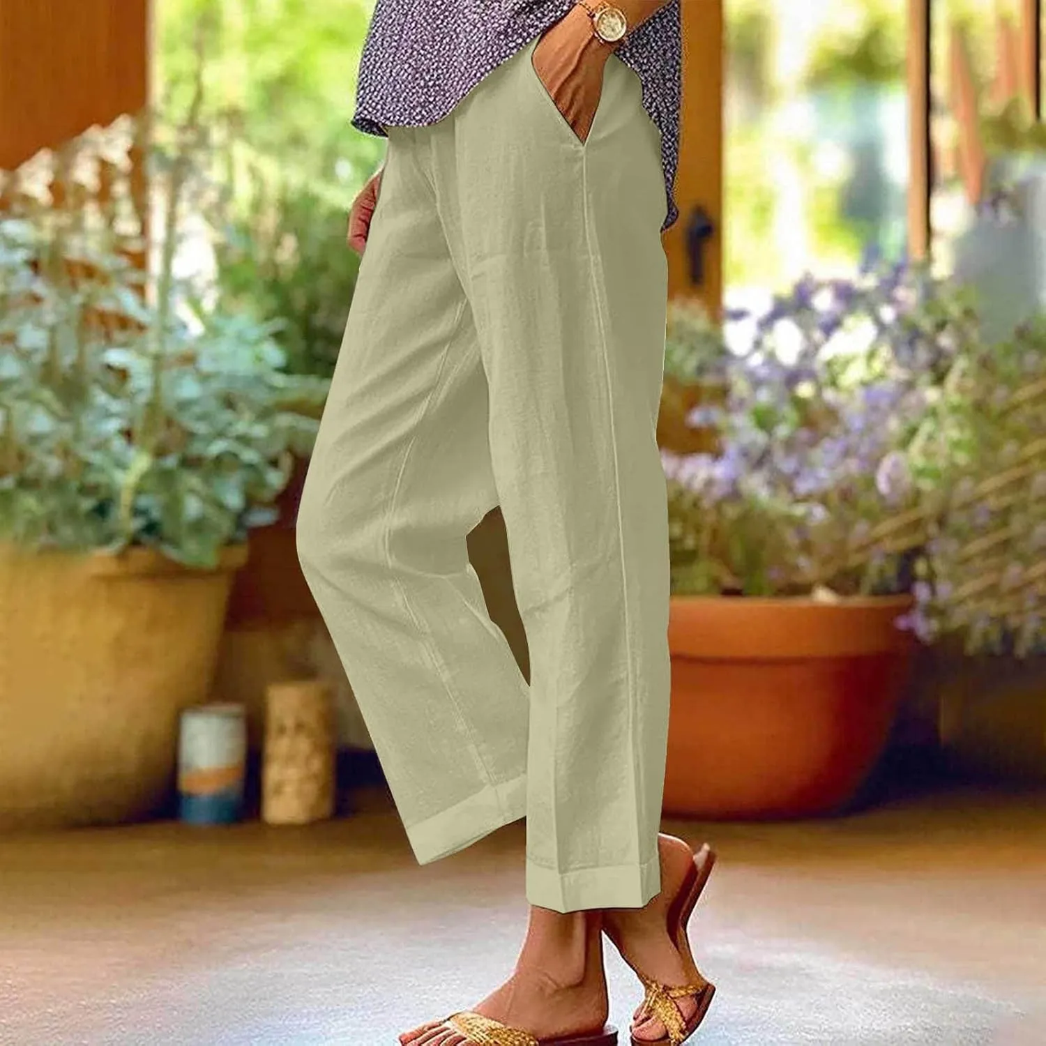 Women Summer Linen Pants Straight Leg Beach Vacation Comfy Beach Trousers Dressy Casual Palazzo Pant with Pockets