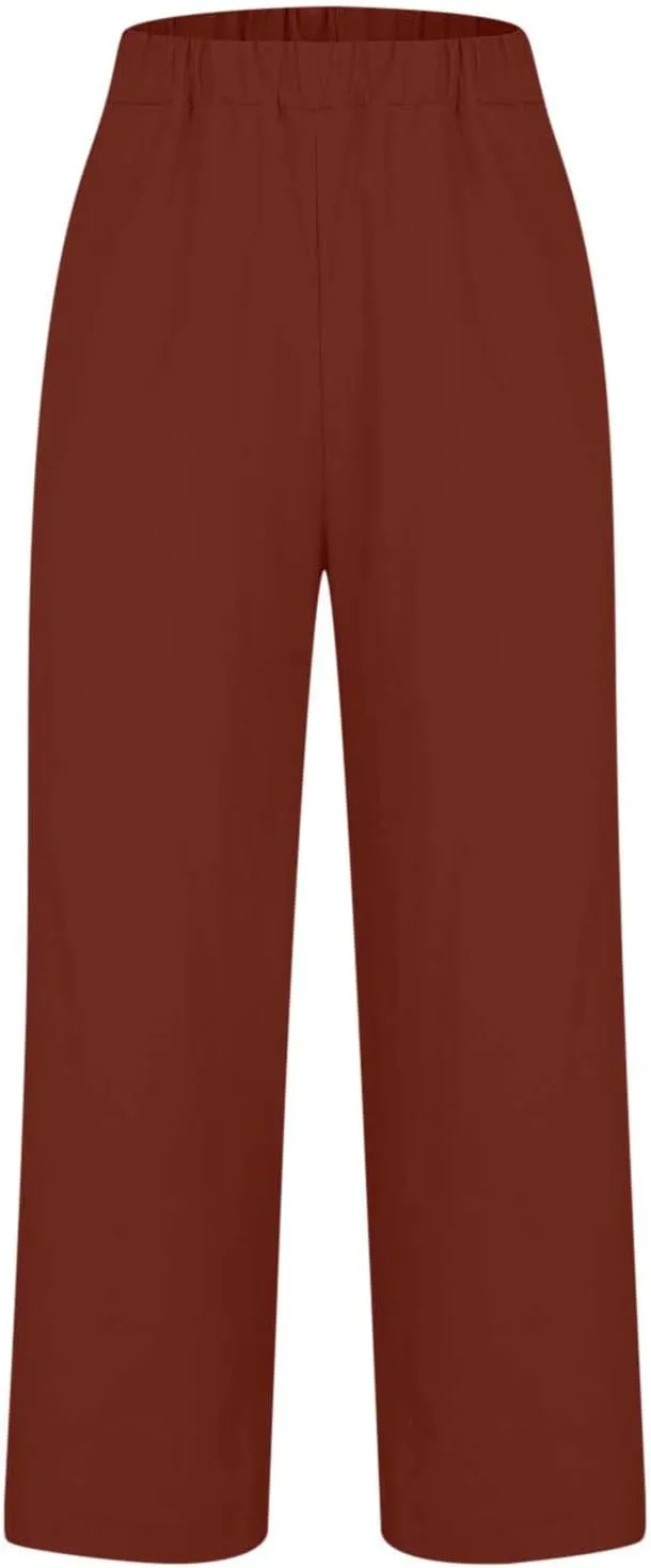 Women Summer Linen Pants Straight Leg Beach Vacation Comfy Beach Trousers Dressy Casual Palazzo Pant with Pockets