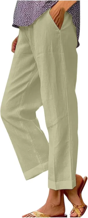 Women Summer Linen Pants Straight Leg Beach Vacation Comfy Beach Trousers Dressy Casual Palazzo Pant with Pockets