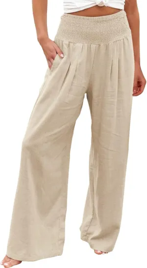 Women Summer Palazzo Pants High Elastic Waisted Cotton Linen Pants Wide Leg Long Leisure Pant Trousers Beach