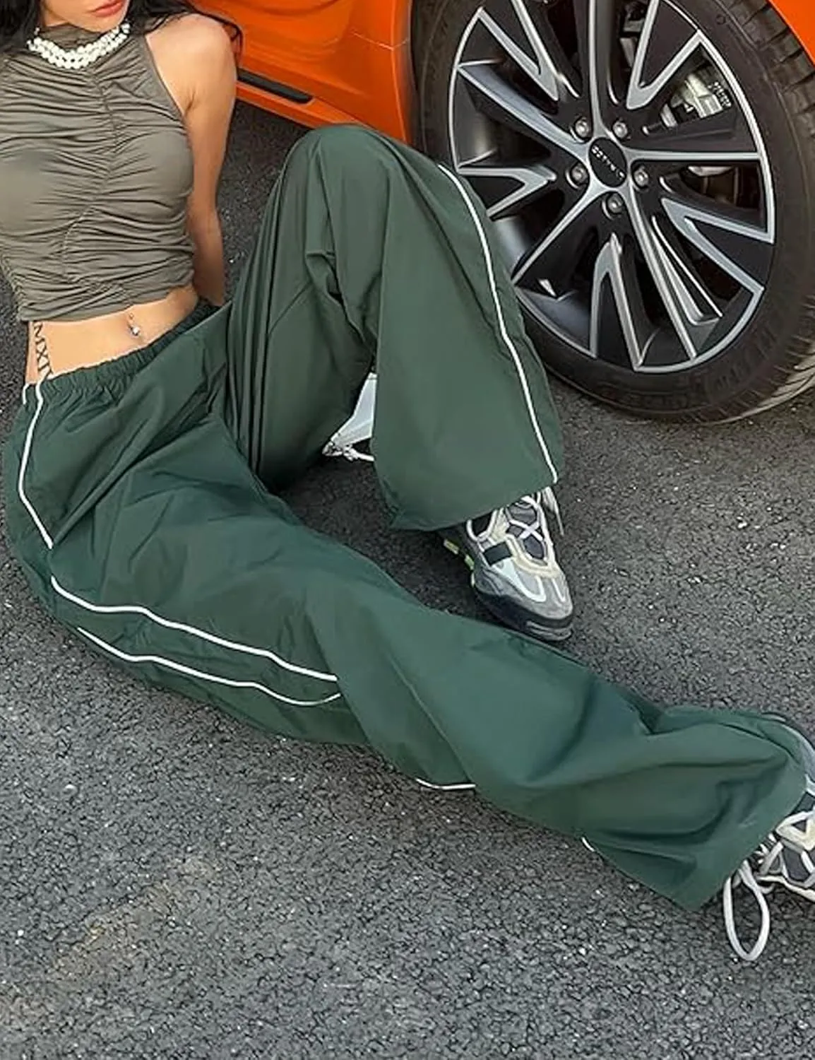 Women Y2K Baggy Pants Wide Leg Parachute Casual Sweatpants Track Pants with Pockets