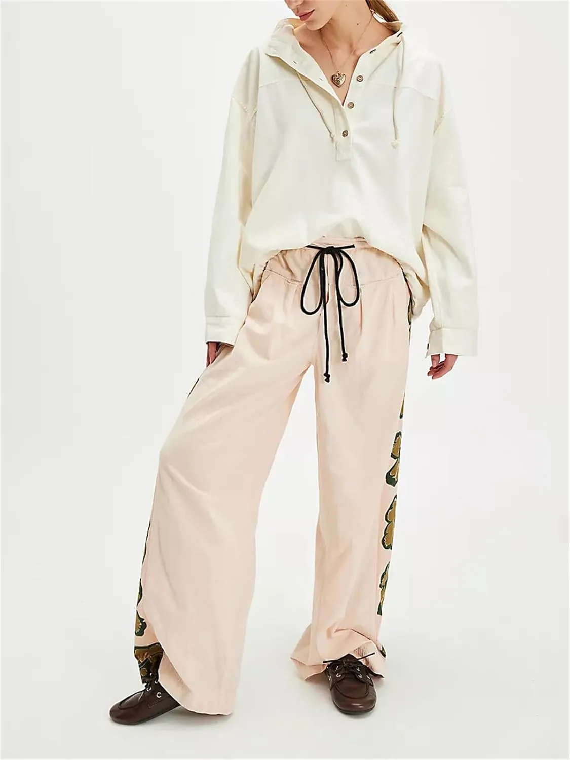 Women Y2k Track Pants Side Striped Wide Leg Baggy Pants Casual Drawstring Waist Parachute Sweatpants Streetwear