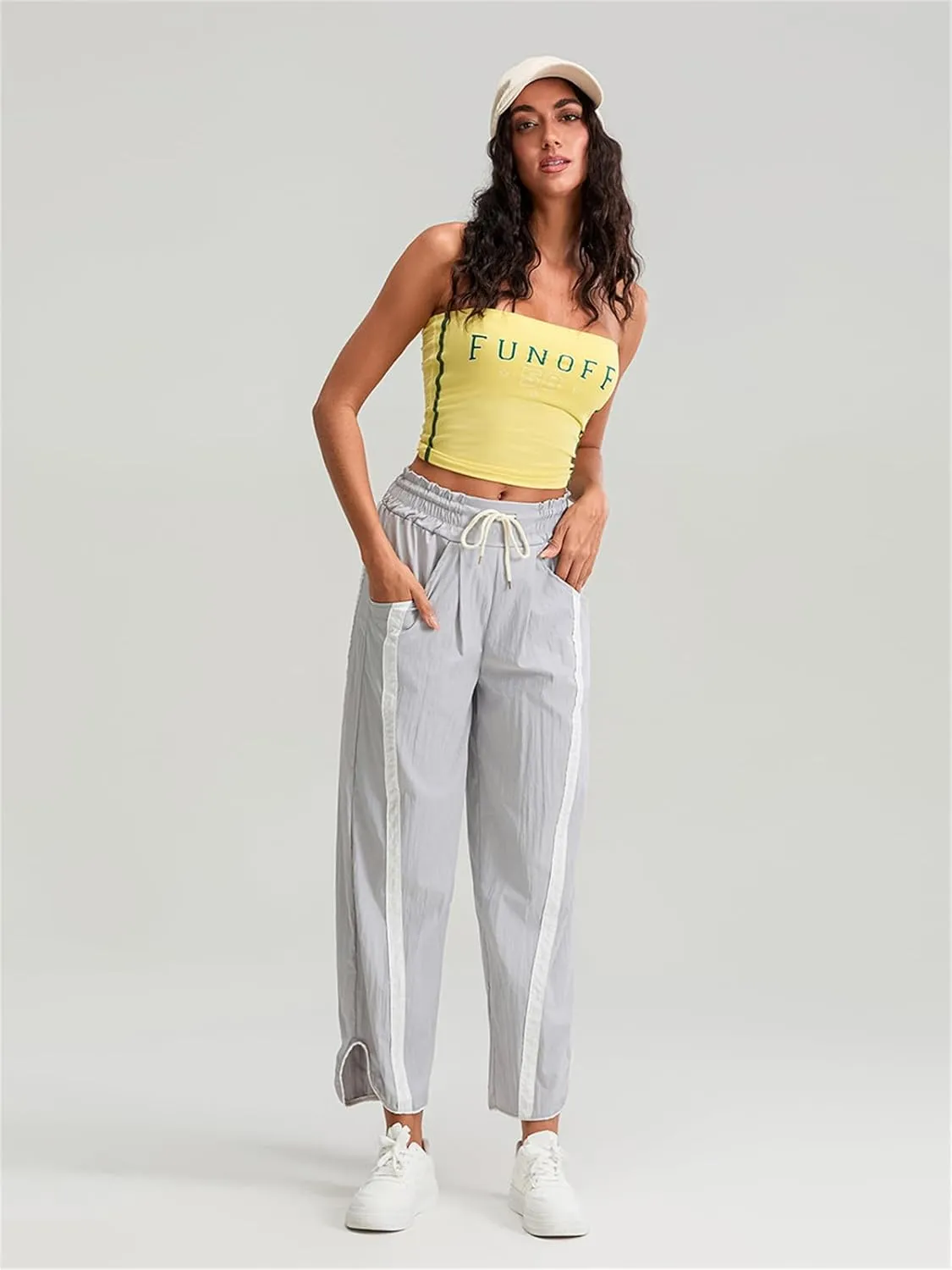 Women Y2k Track Pants Side Striped Wide Leg Baggy Pants Casual Drawstring Waist Parachute Sweatpants Streetwear