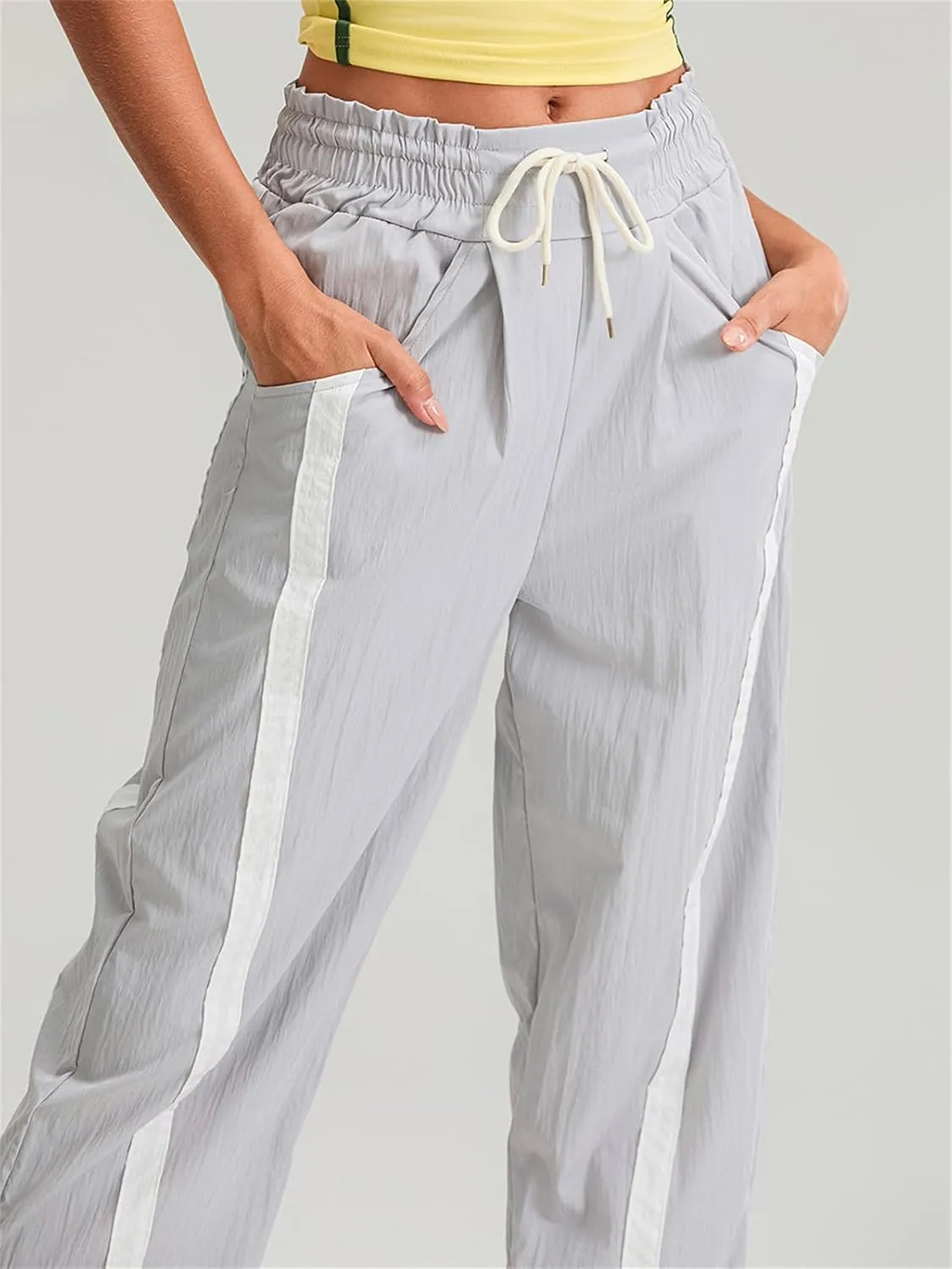 Women Y2k Track Pants Side Striped Wide Leg Baggy Pants Casual Drawstring Waist Parachute Sweatpants Streetwear