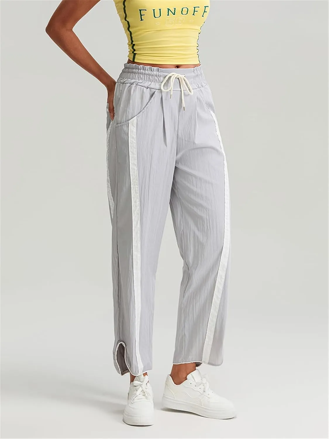 Women Y2k Track Pants Side Striped Wide Leg Baggy Pants Casual Drawstring Waist Parachute Sweatpants Streetwear