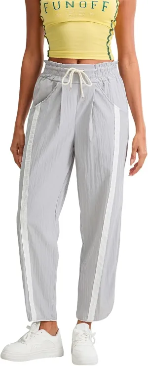 Women Y2k Track Pants Side Striped Wide Leg Baggy Pants Casual Drawstring Waist Parachute Sweatpants Streetwear
