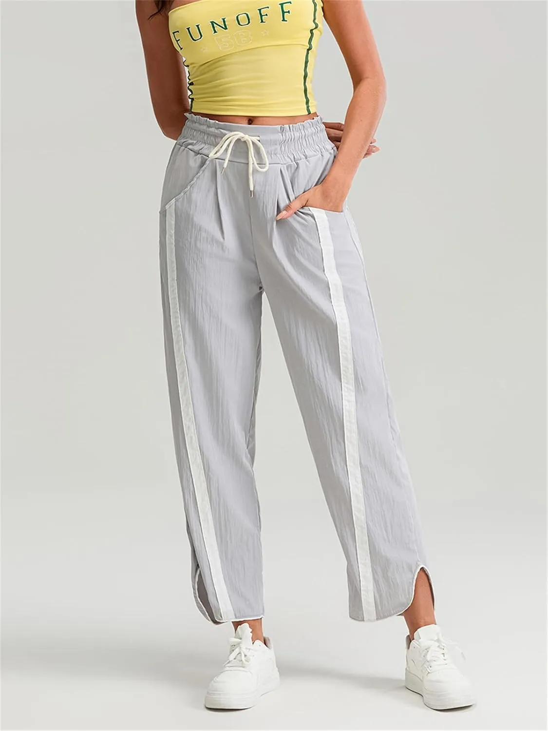 Women Y2k Track Pants Side Striped Wide Leg Baggy Pants Casual Drawstring Waist Parachute Sweatpants Streetwear