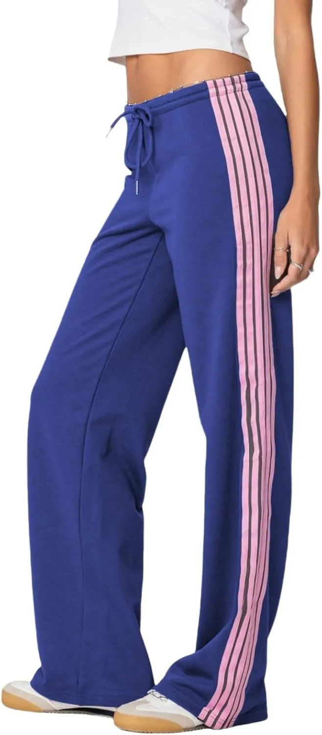 Women Y2k Vintage Track Pants Drawstring Low Waist Side Striped Sweatpants Straight Leg Loose Fit Joggers