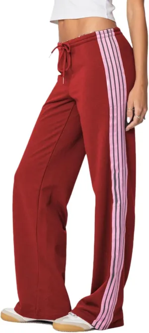 Women Y2k Vintage Track Pants Drawstring Low Waist Side Striped Sweatpants Straight Leg Loose Fit Joggers