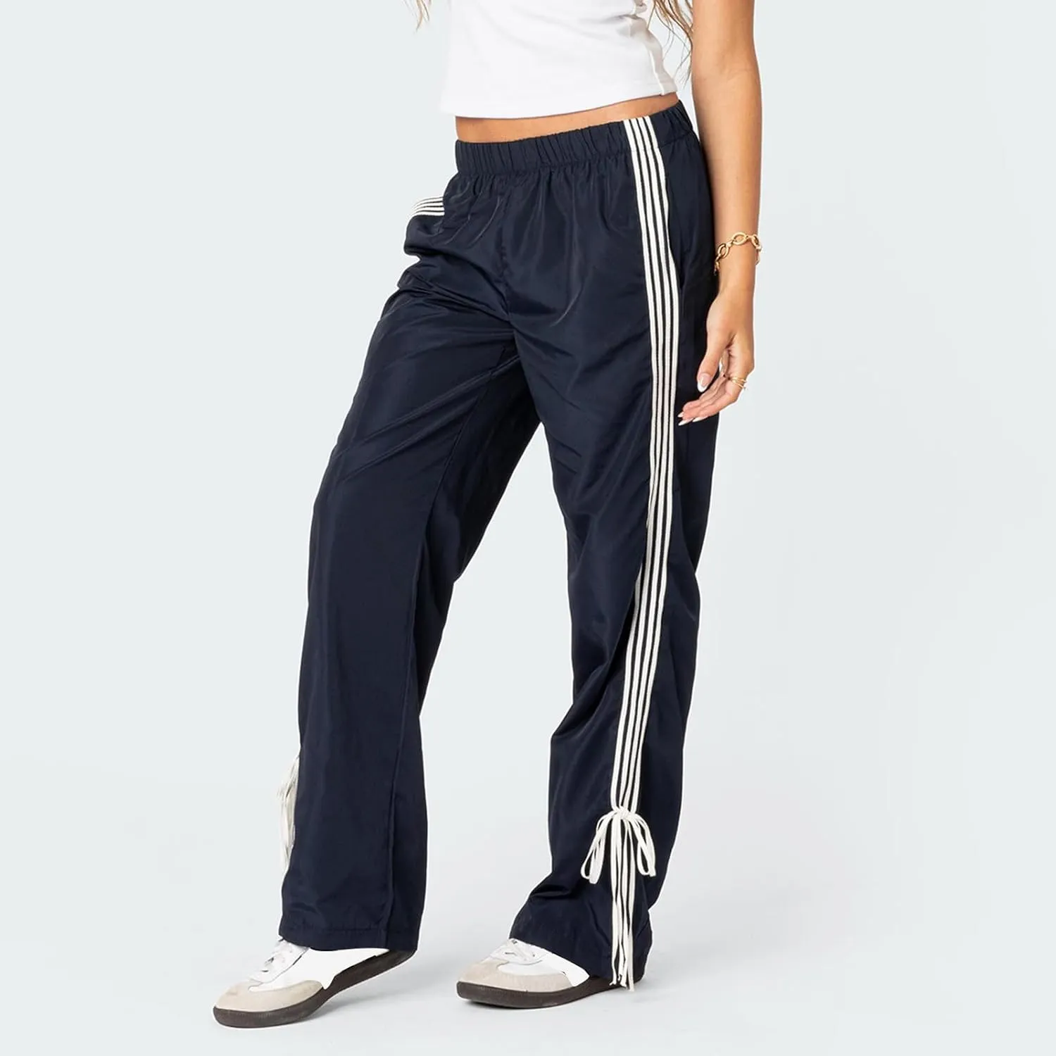 Women Y2k Vintage Track Pants Drawstring Low Waist Side Striped Sweatpants Straight Leg Loose Fit Joggers