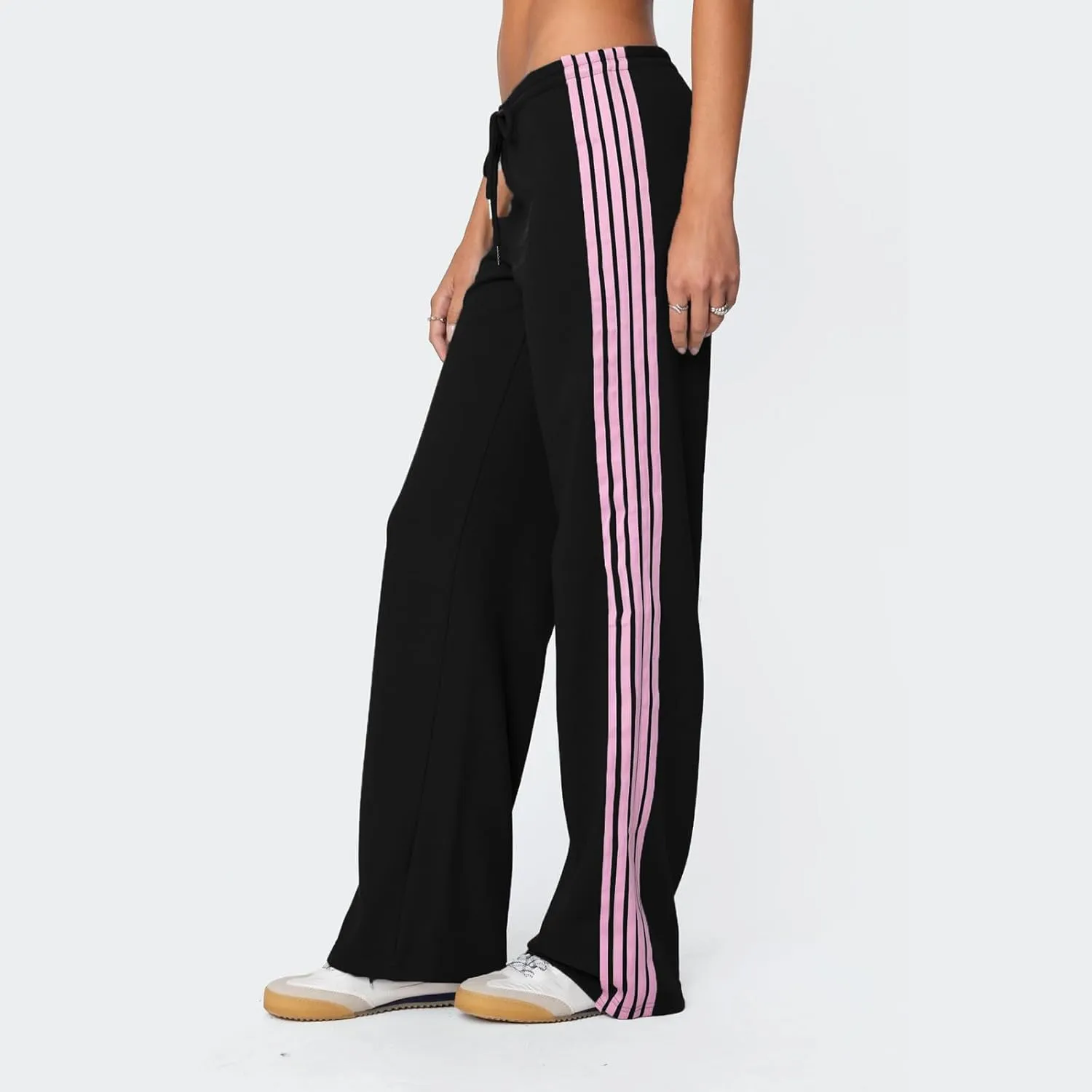 Women Y2k Vintage Track Pants Drawstring Low Waist Side Striped Sweatpants Straight Leg Loose Fit Joggers