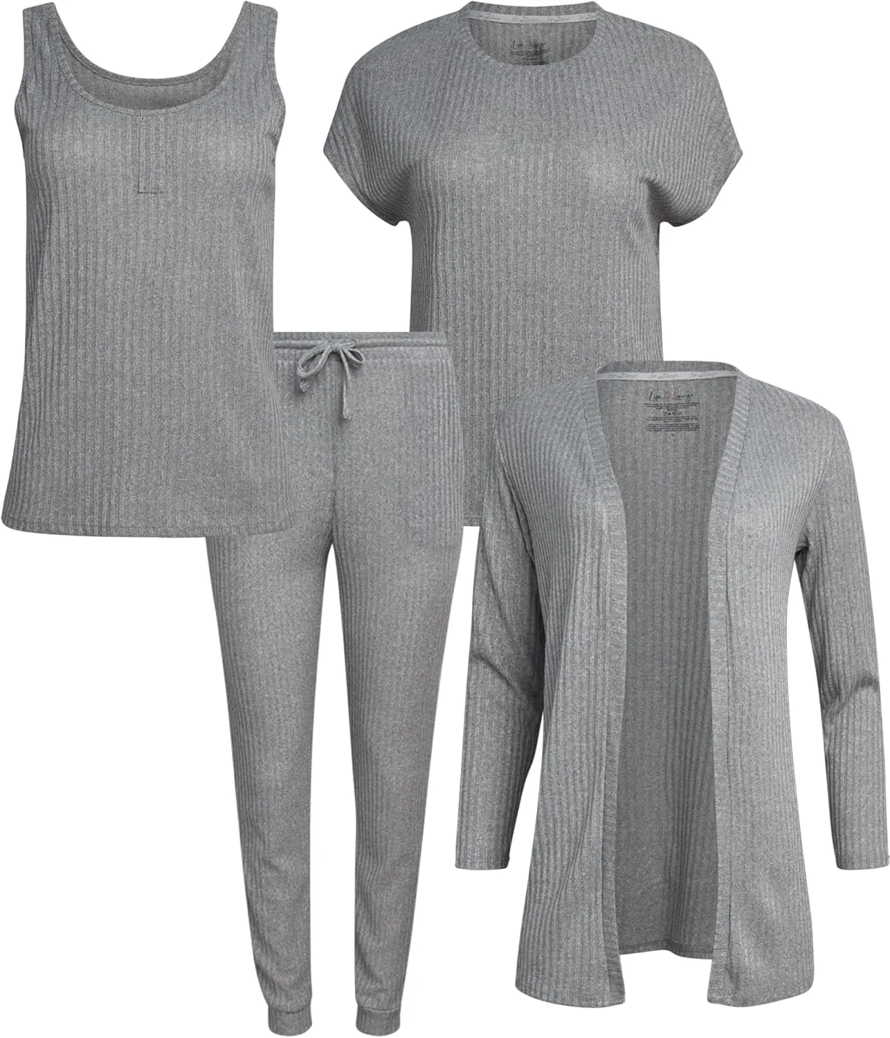 Women's 4-Piece Pajama Set  Soft Hacci Knit Loungewear, Short Sleeve T-Shirt, Tank Top, Cardigan & Jogger Pants