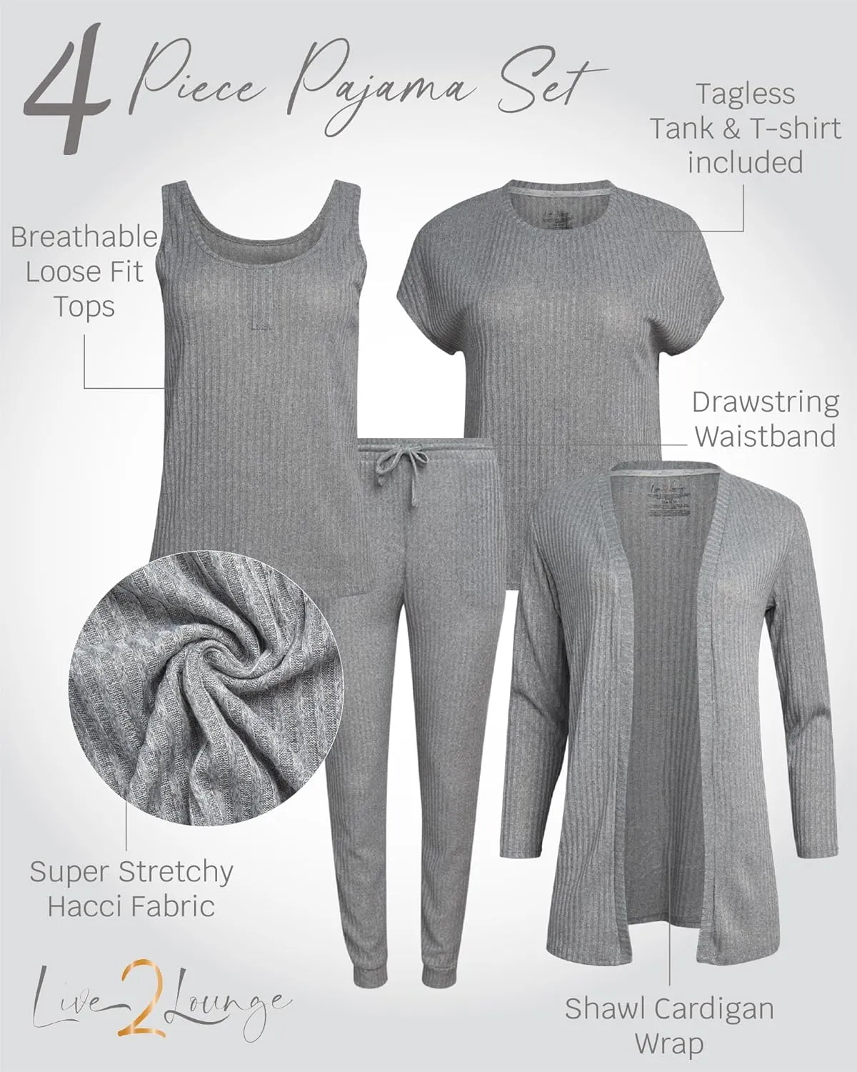 Women's 4-Piece Pajama Set  Soft Hacci Knit Loungewear, Short Sleeve T-Shirt, Tank Top, Cardigan & Jogger Pants