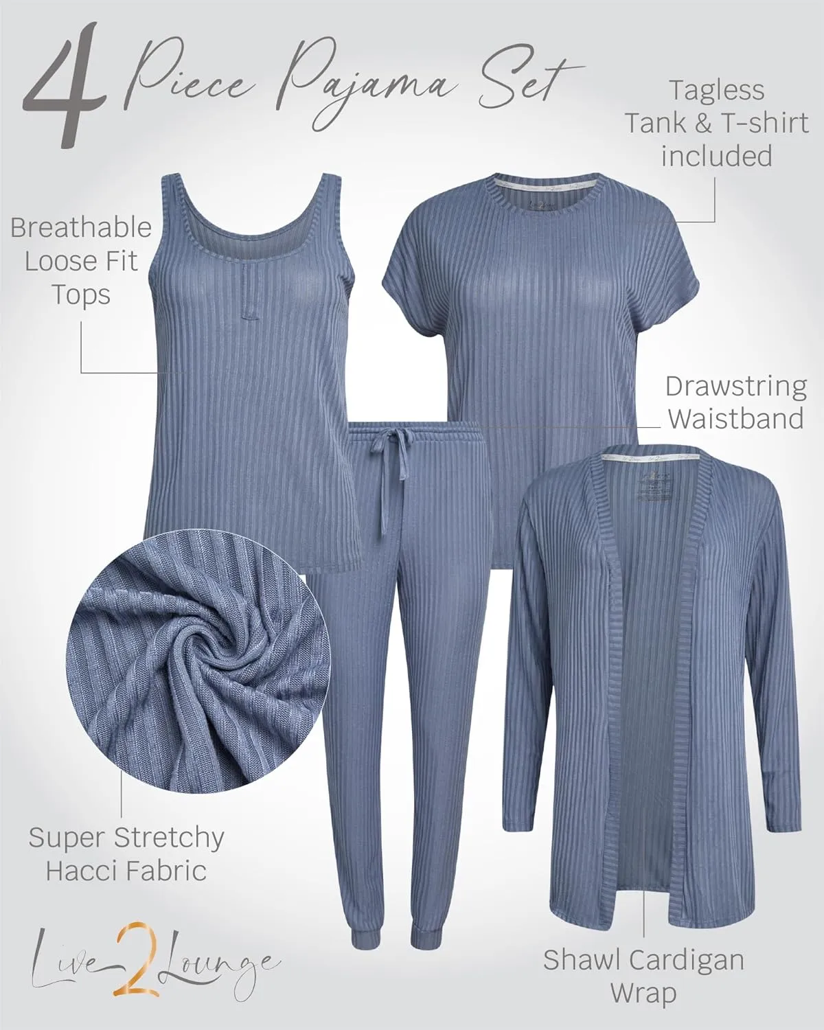 Women's 4-Piece Pajama Set  Soft Hacci Knit Loungewear, Short Sleeve T-Shirt, Tank Top, Cardigan & Jogger Pants