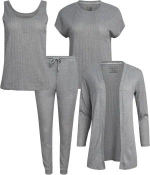 Women's 4-Piece Pajama Set  Soft Hacci Knit Loungewear, Short Sleeve T-Shirt, Tank Top, Cardigan & Jogger Pants