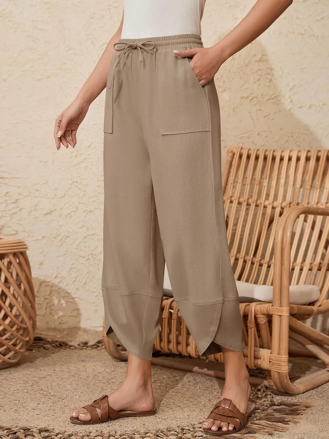 Womens Barrel Harem Linen Pants Wide Leg Pants Baggy Sweatpants Palazzo Drawstring Elastic Waist with Pockets Beach