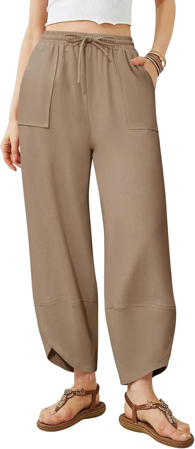 Womens Barrel Harem Linen Pants Wide Leg Pants Baggy Sweatpants Palazzo Drawstring Elastic Waist with Pockets Beach