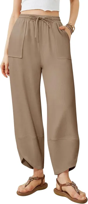 Womens Barrel Harem Linen Pants Wide Leg Pants Baggy Sweatpants Palazzo Drawstring Elastic Waist with Pockets Beach