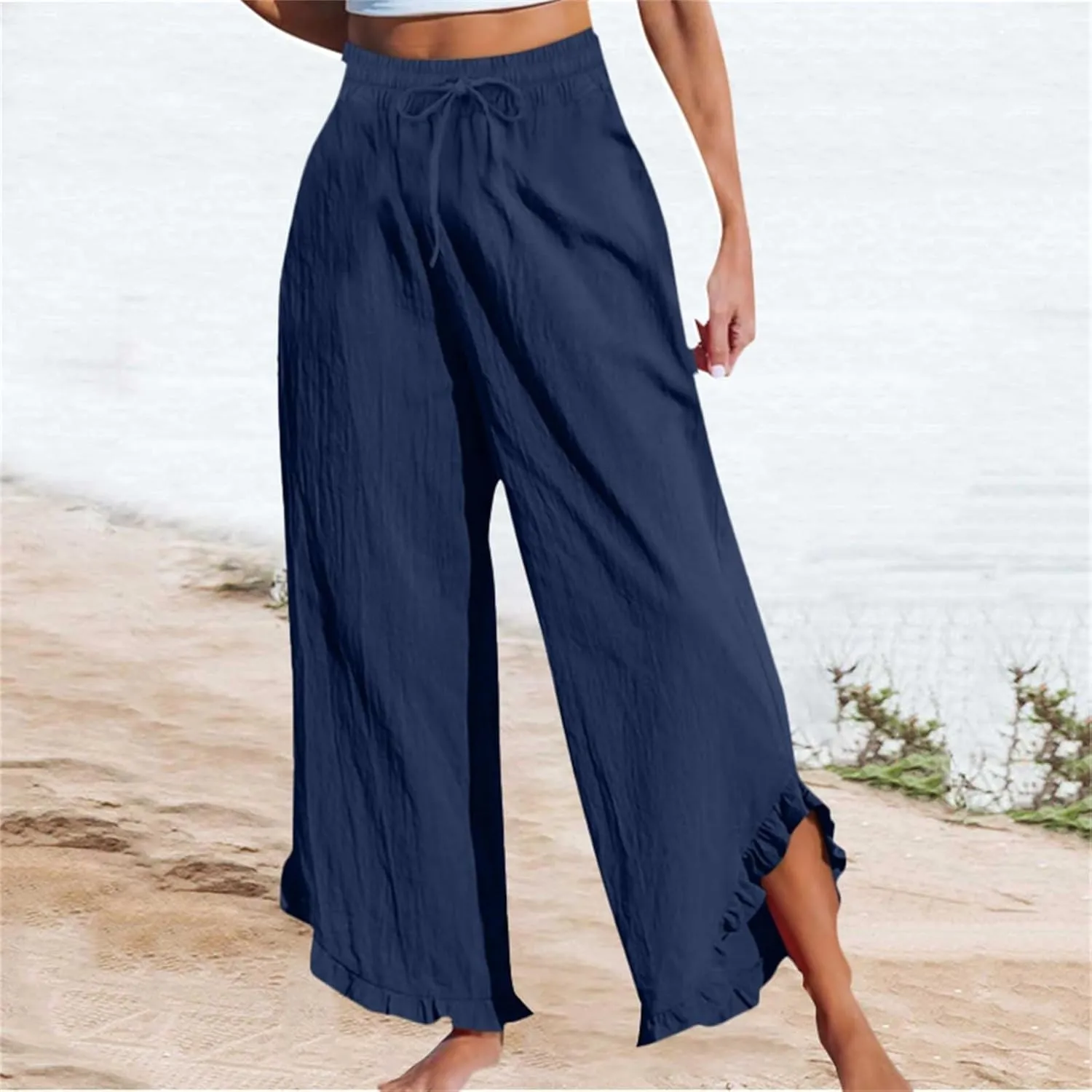 Womens Business Casual Linen Pants, 2025 Loose Fit Long Trousers 2025 Spring High Waist Knit Sweatpants with Pockets