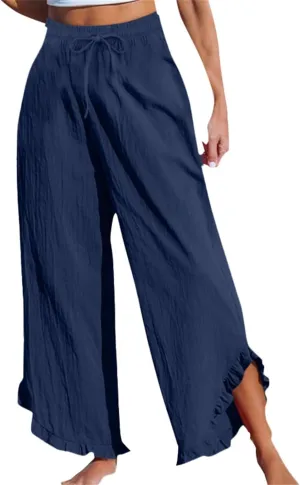 Womens Business Casual Linen Pants, 2025 Loose Fit Long Trousers 2025 Spring High Waist Knit Sweatpants with Pockets
