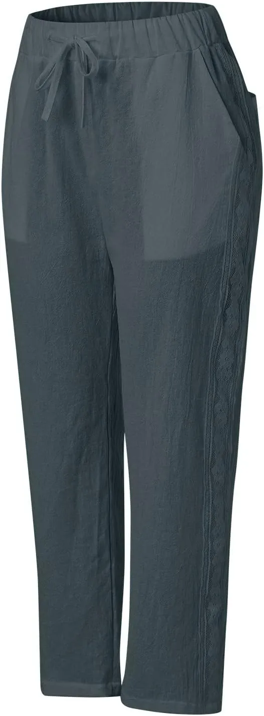 Womens Casual Embroidery Linen Pants with Pockets Drawstring Solid High Waistband Summer Beach Straight Leg Trousers