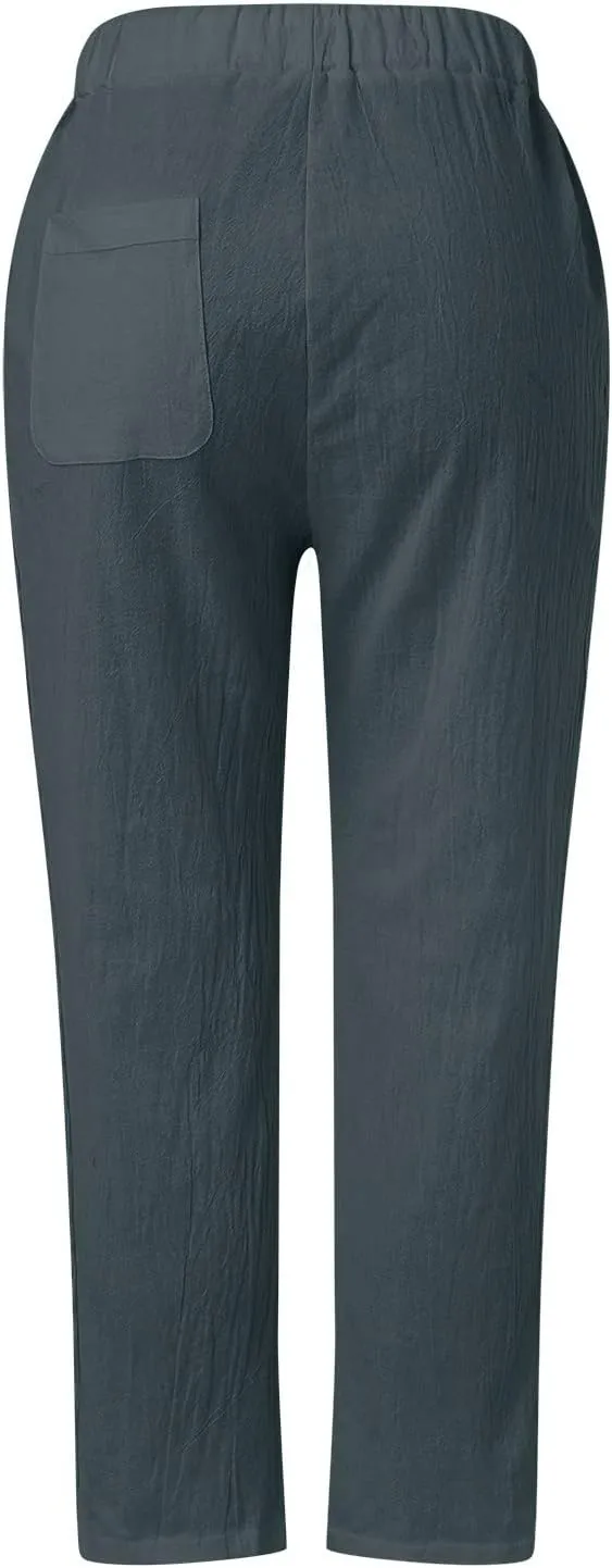 Womens Casual Embroidery Linen Pants with Pockets Drawstring Solid High Waistband Summer Beach Straight Leg Trousers