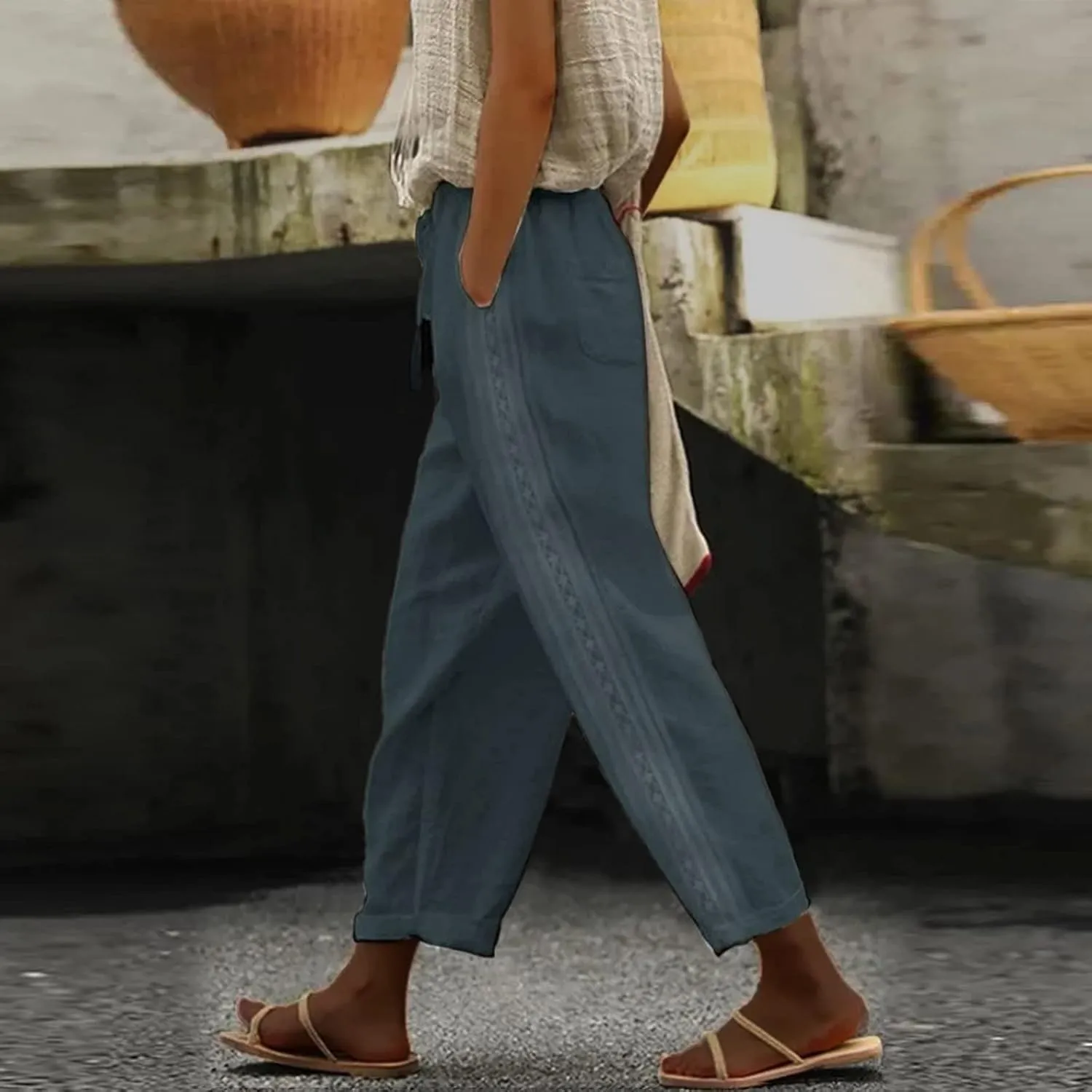 Womens Casual Embroidery Linen Pants with Pockets Drawstring Solid High Waistband Summer Beach Straight Leg Trousers