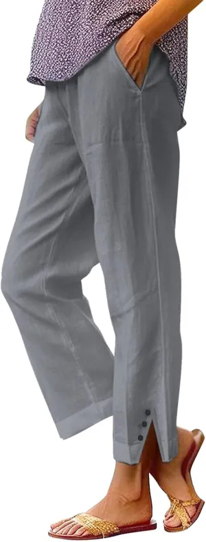 Womens Casual Linen High Waist Pants Plain Drawstring Loose Fit Summer Pants Trousers with Side Pockets