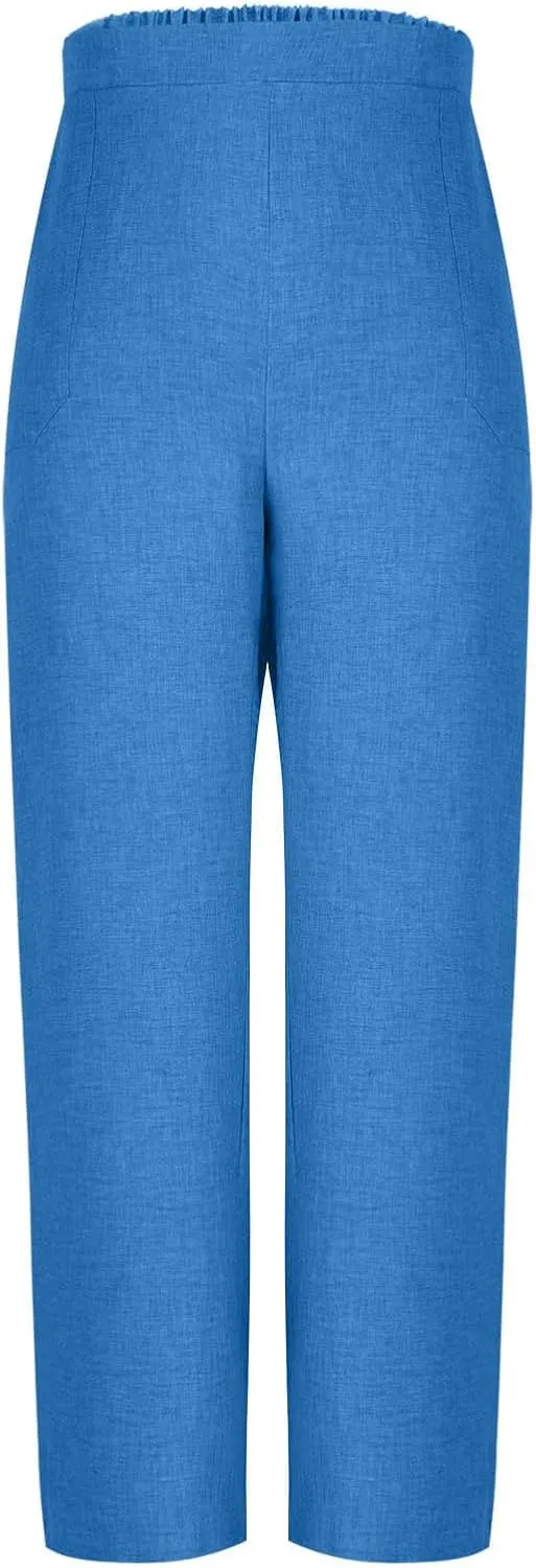 Womens Casual Linen High Waist Wide Leg Pants Summer Palazzo Flowy Boho Beach Vacation Lounge Trousers with Pockets