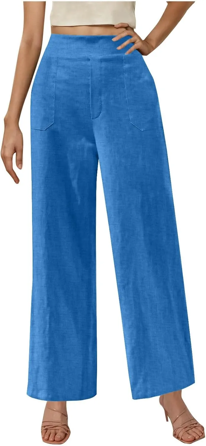 Womens Casual Linen High Waist Wide Leg Pants Summer Palazzo Flowy Boho Beach Vacation Lounge Trousers with Pockets