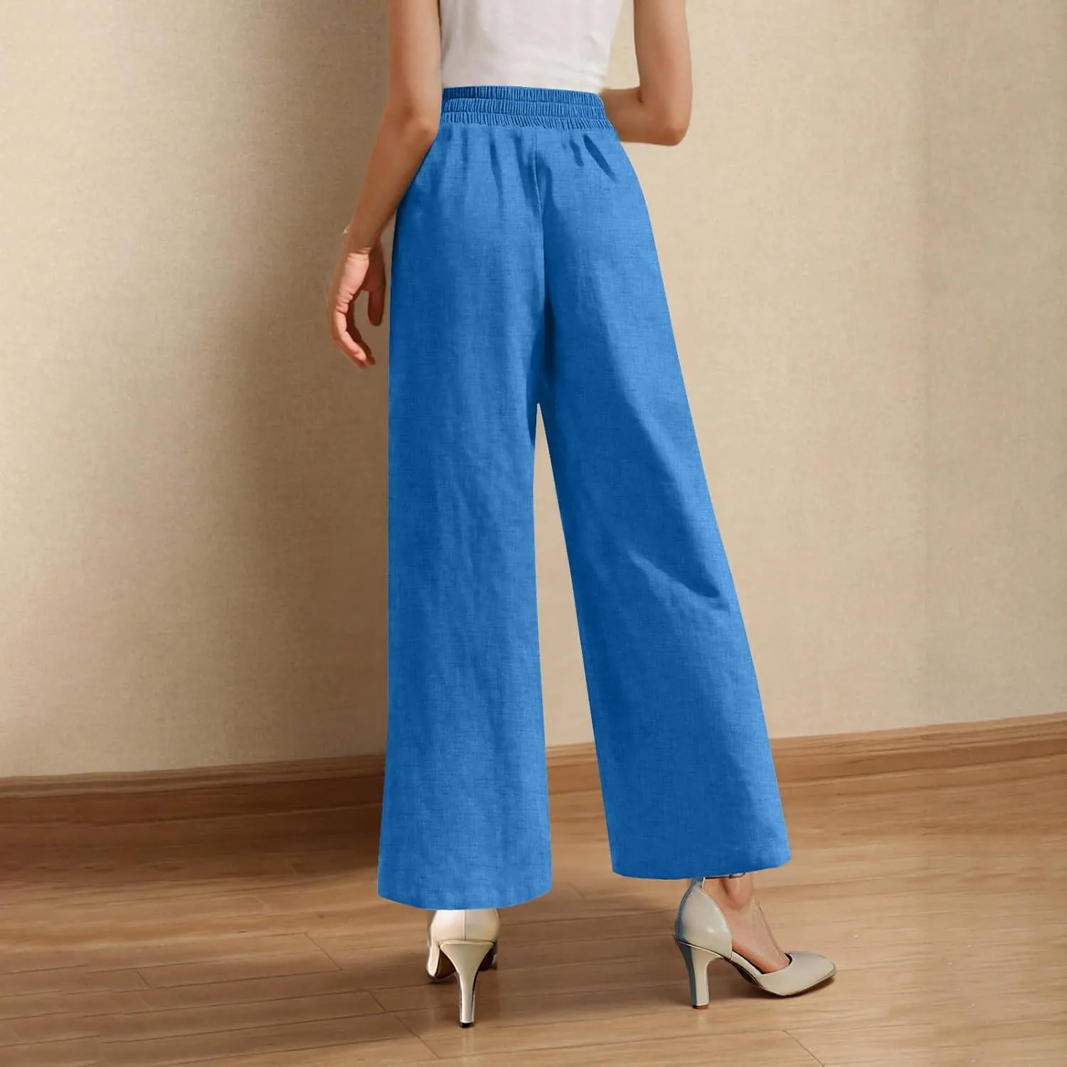 Womens Casual Linen High Waist Wide Leg Pants Summer Palazzo Flowy Boho Beach Vacation Lounge Trousers with Pockets