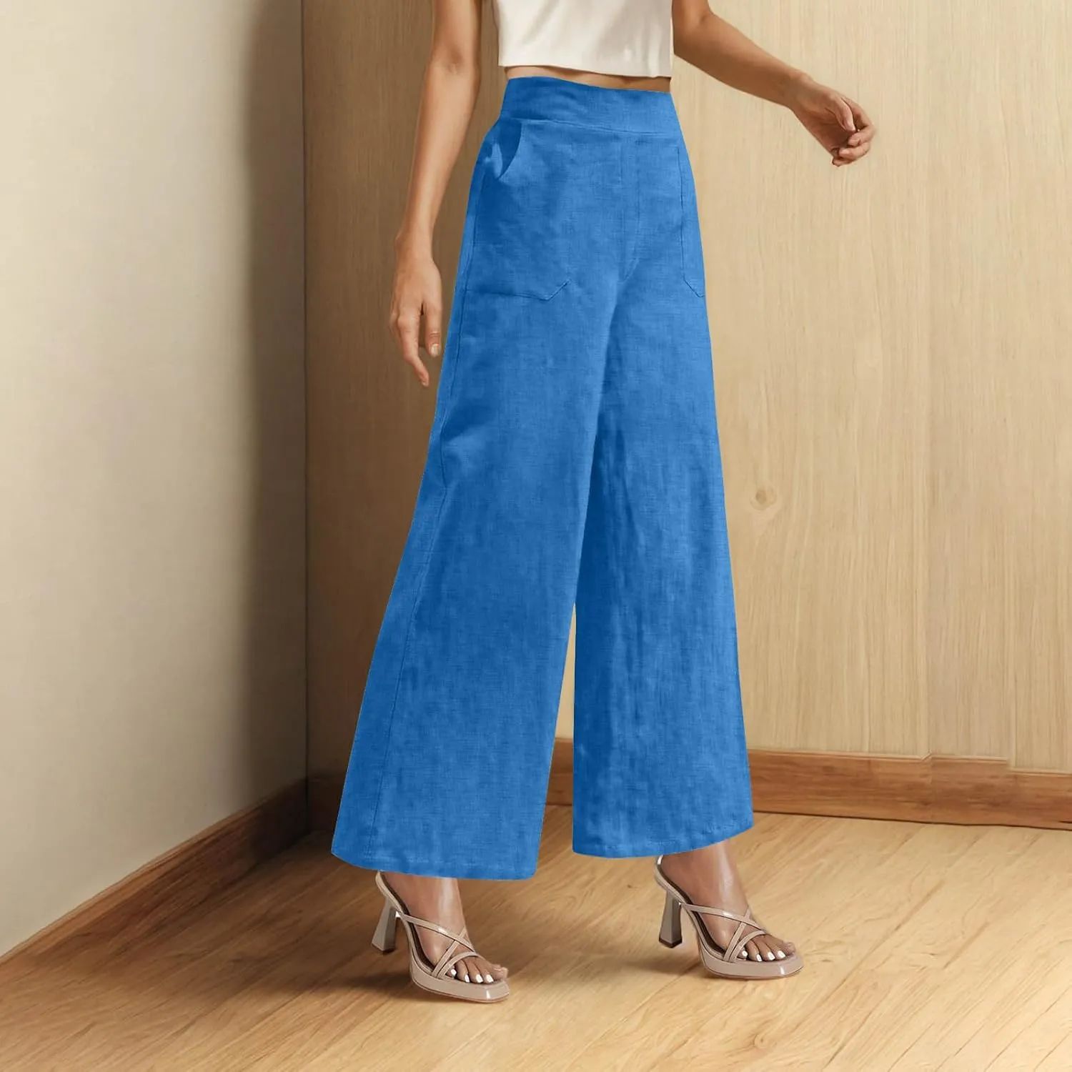 Womens Casual Linen High Waist Wide Leg Pants Summer Palazzo Flowy Boho Beach Vacation Lounge Trousers with Pockets