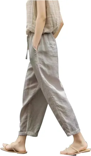Womens Cotton Linen Pants 2025 Summer Wide Leg Casual Loose Pants with Pocket Drawstring High Waist Palazzo Trousers