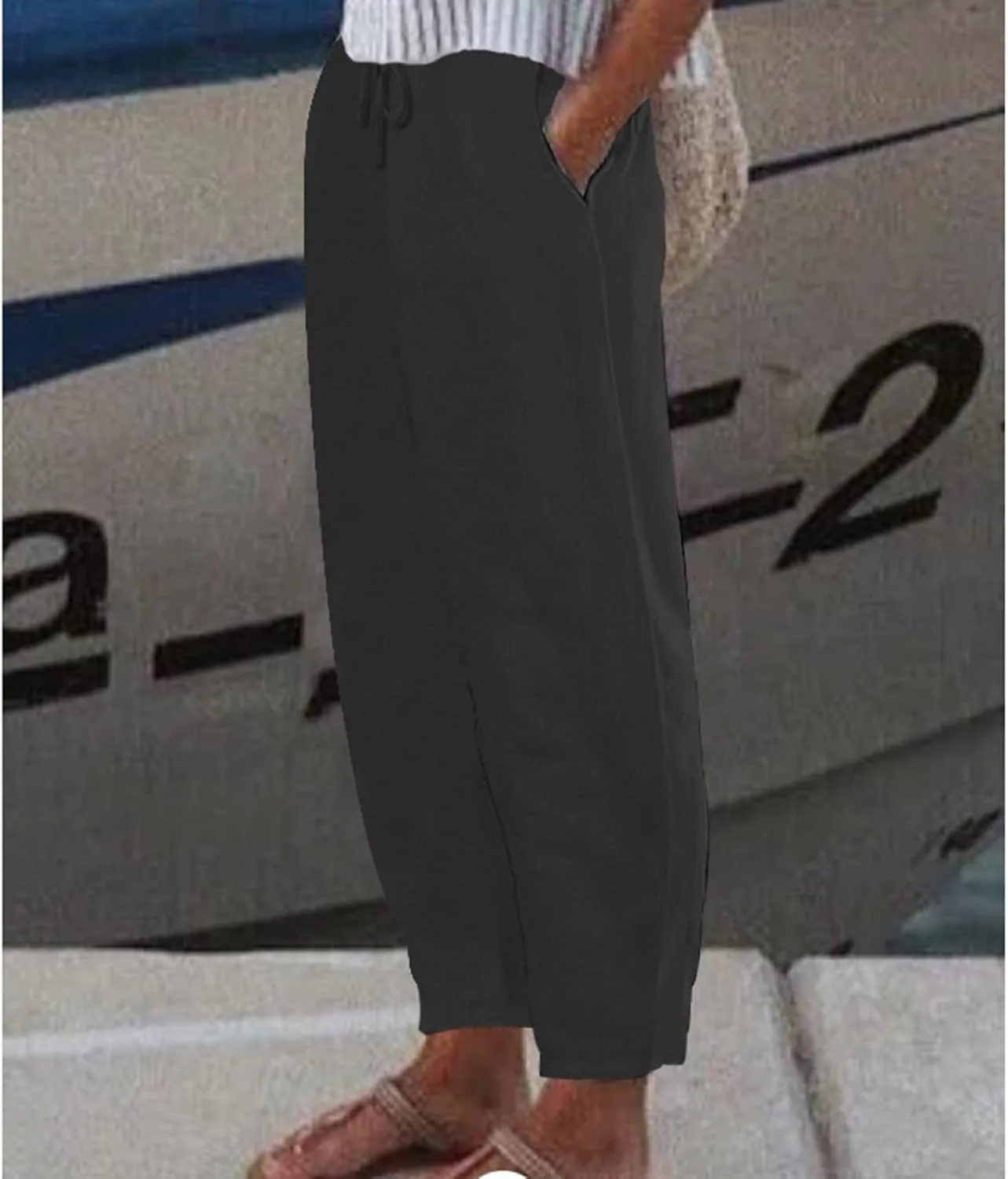 Womens Cotton Linen Pants,Summer Casual Loose Drawstring High Waist Lounge Palazzo Pants Beach Trousers with Pockets