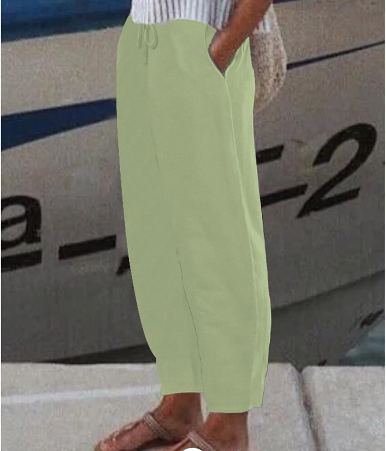 Womens Cotton Linen Pants,Summer Casual Loose Drawstring High Waist Lounge Palazzo Pants Beach Trousers with Pockets