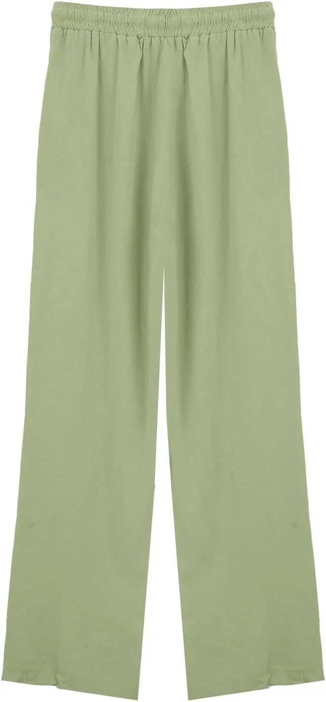 Womens Cotton Linen Pants,Summer Casual Loose Drawstring High Waist Lounge Palazzo Pants Beach Trousers with Pockets